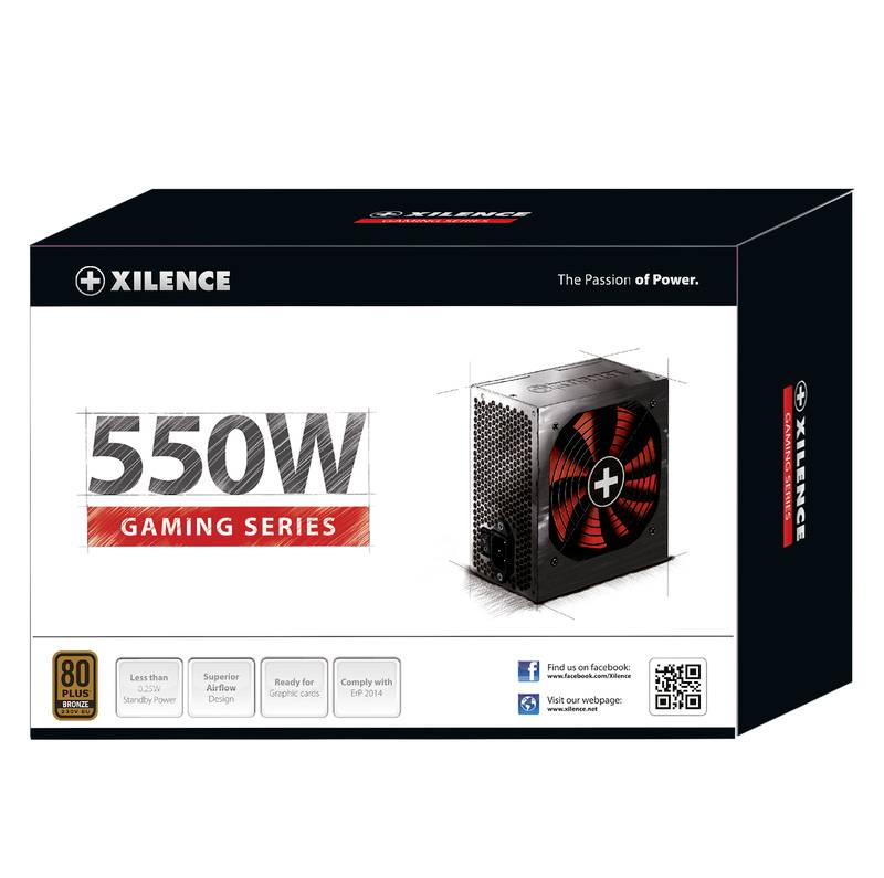 'XILENCE Gaming Series 550W' Netzteil-Verpackung mit Bild des Produkts, rotem Lüfter und Schriftzug 'The Passion of Power'. Geeignet für Gaming-PCs.