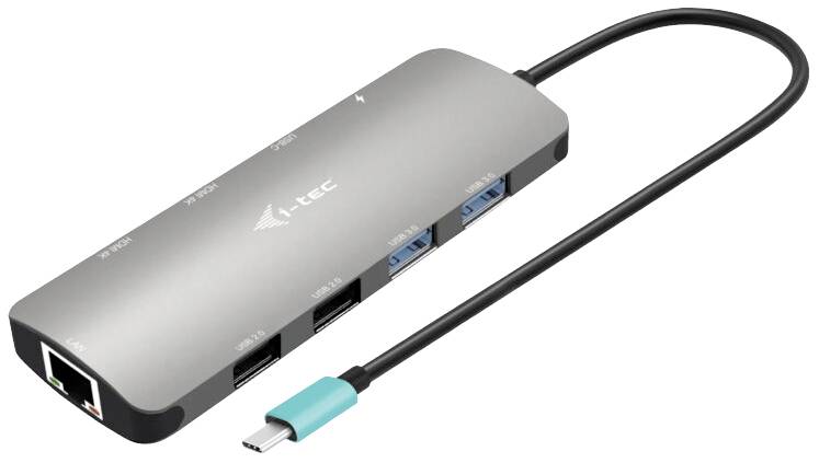 USB-C-Hub mit mehreren Anschlüssen: Ethernet, HDMI, USB-A und USB-C. Gerät in silberner Farbe mit schwarzem Kabel.