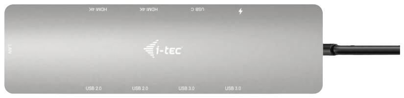 Eine silberne i-tec USB-Hub mit Anschlüssen: USB-C, HDMI und dreimal USB 3.0. Das Kabel ist seitlich angebracht.