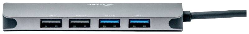 USB-Hub mit vier Anschlüssen: zwei schwarze und zwei blaue USB-Ports, angeschlossen über ein Kabel.