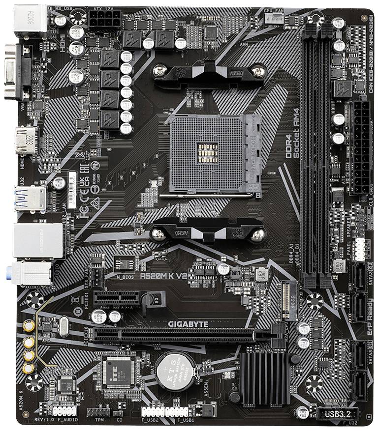 Schwarzes Motherboard mit verschiedenen Steckplätzen und Anschlüssen. Aufschrift zeigt 'GIGABYTE' und Spezifikationen für DDR4 RAM.