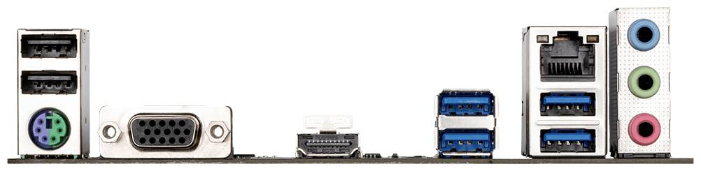 Rückseite eines Computer-Motherboards mit verschiedenen Anschlüssen, einschließlich USB, VGA, HDMI, Ethernet und Audio.