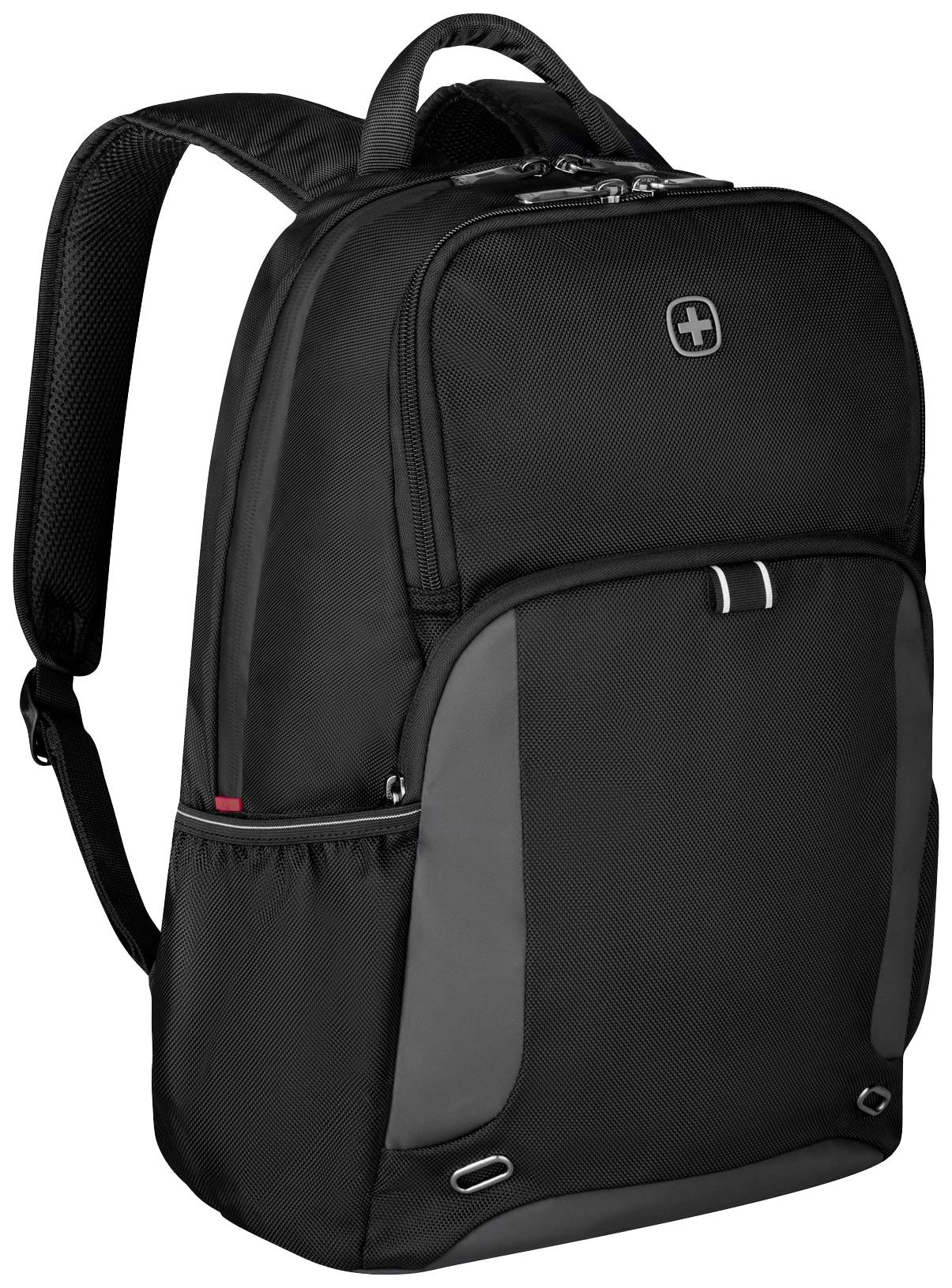 Schwarzer Rucksack mit grauen Details, mehreren Fächern und einem Griff oben. Geeignet für den täglichen Gebrauch.