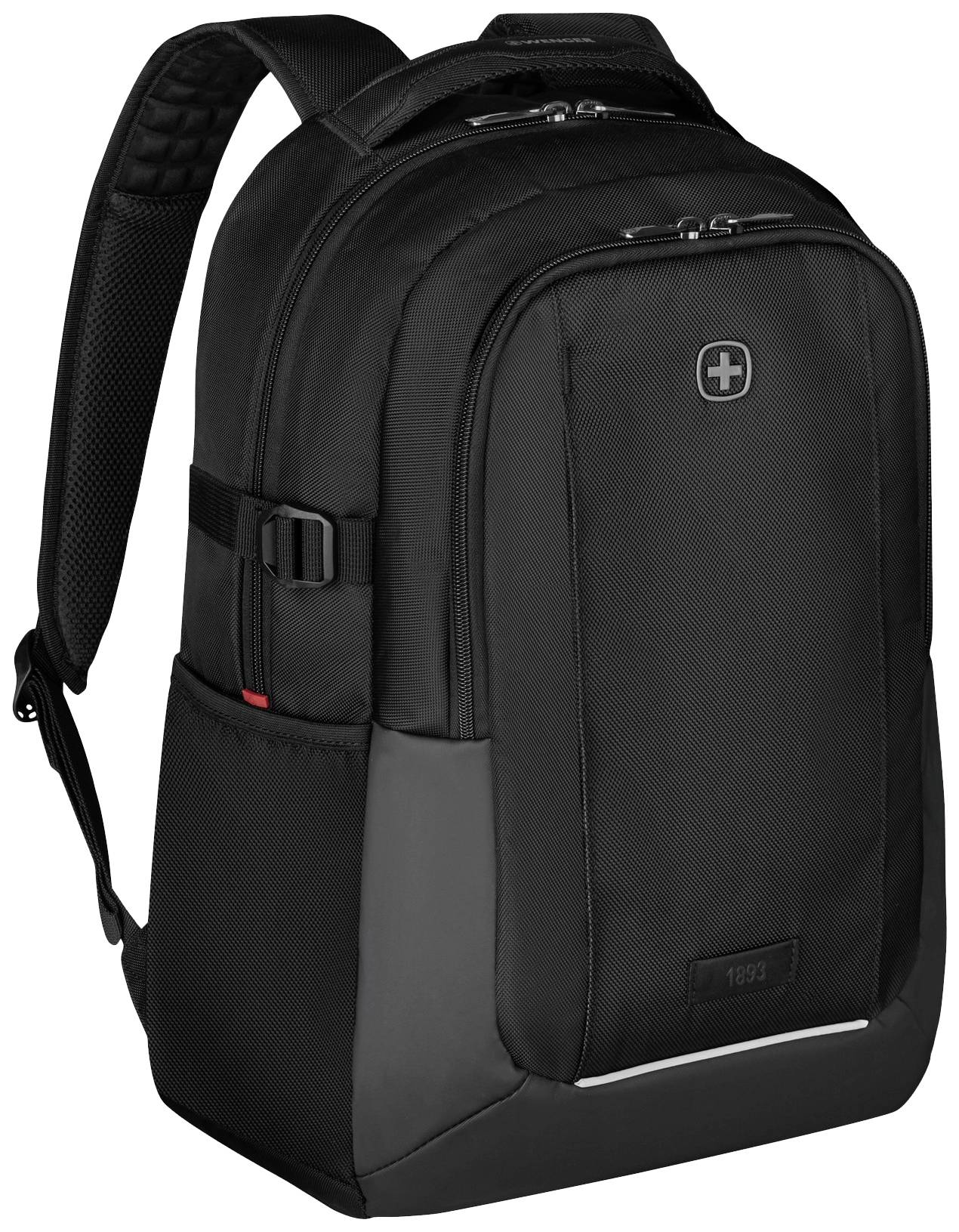 Schwarzer Rucksack mit verstellbaren Schultergurten und mehreren Reißverschlussfächern, geeignet für Alltag und Reisen.