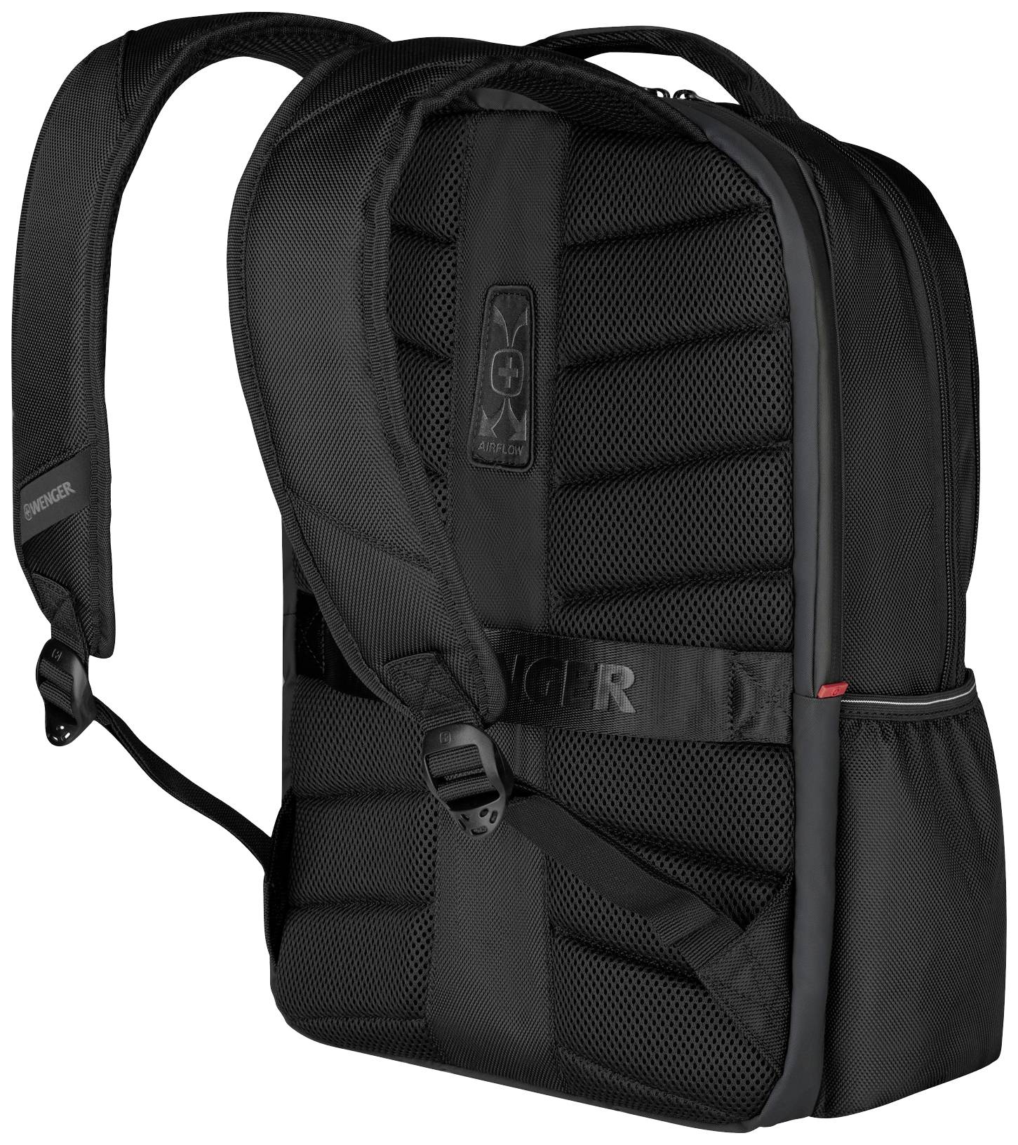 Schwarzer Rucksack mit gepolsterten Schultergurten und Rückenpolsterung, seitliche Tasche. Ideal für Alltag oder Reisen.