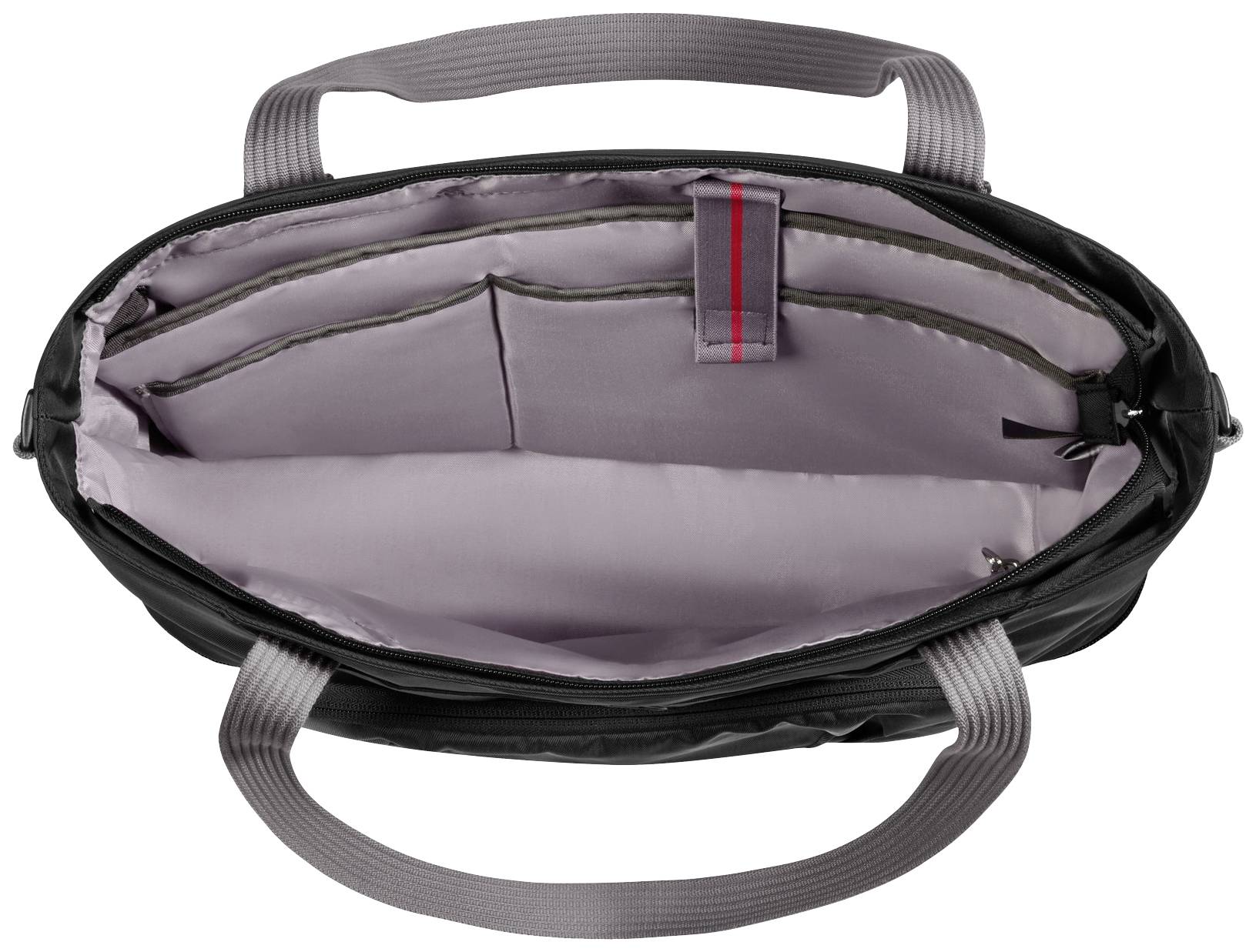 Eine schwarze Handtasche mit grauen Griffen, geöffnet, zeigt mehrere innere Taschenfächer und ein rotes Detail an der Innenseite.