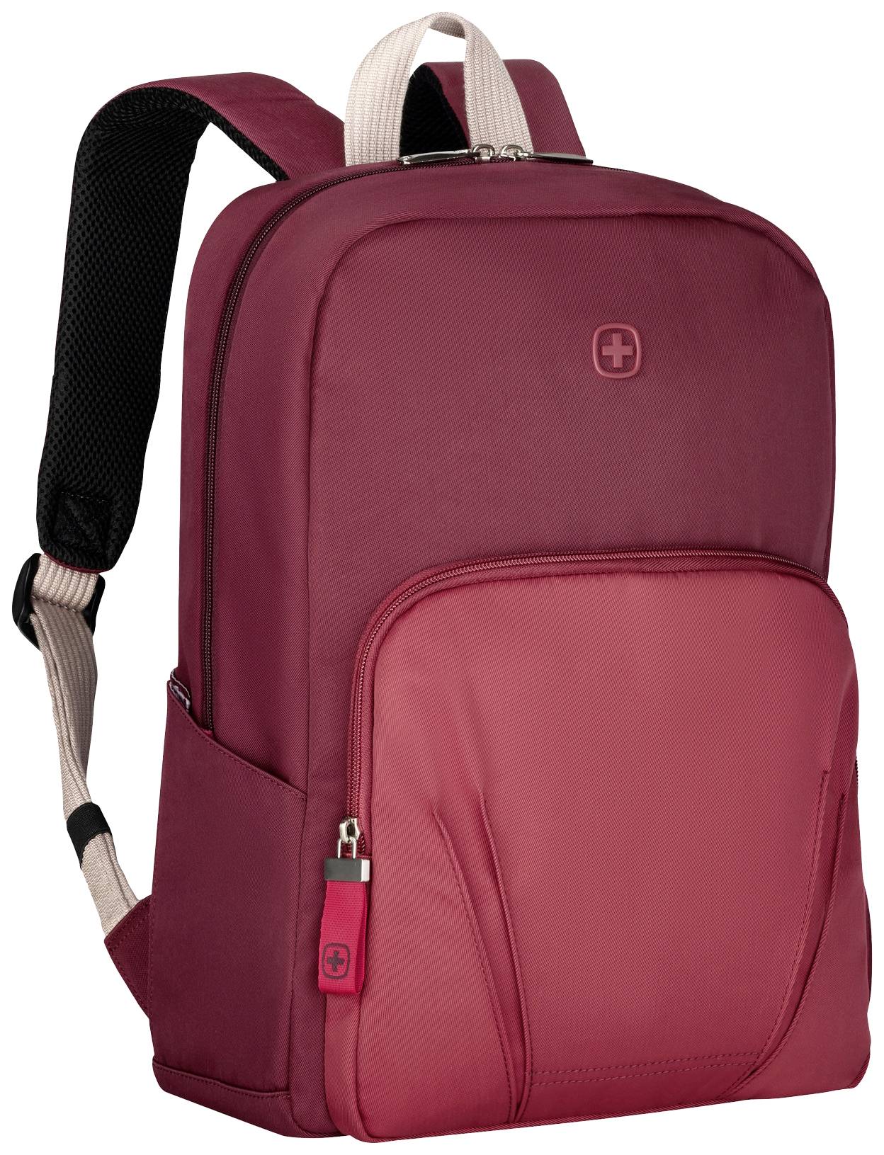 Ein roter Rucksack mit mehreren Fächern und Reißverschlüssen, geeignet für den täglichen Gebrauch oder Reisen.