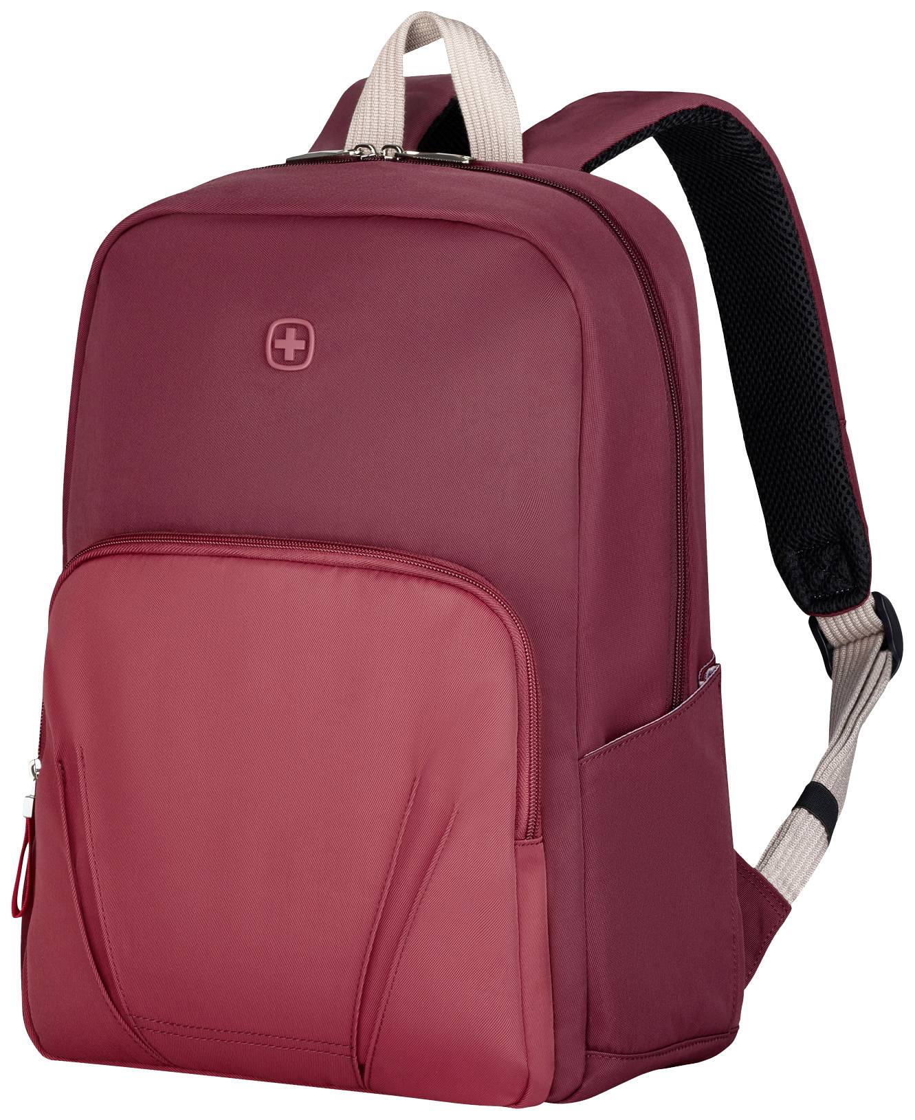 Ein roter Rucksack mit einem kleinen weißen Kreuz auf der Vorderseite. Er hat verstellbare Schulterriemen und mehrere Taschen.