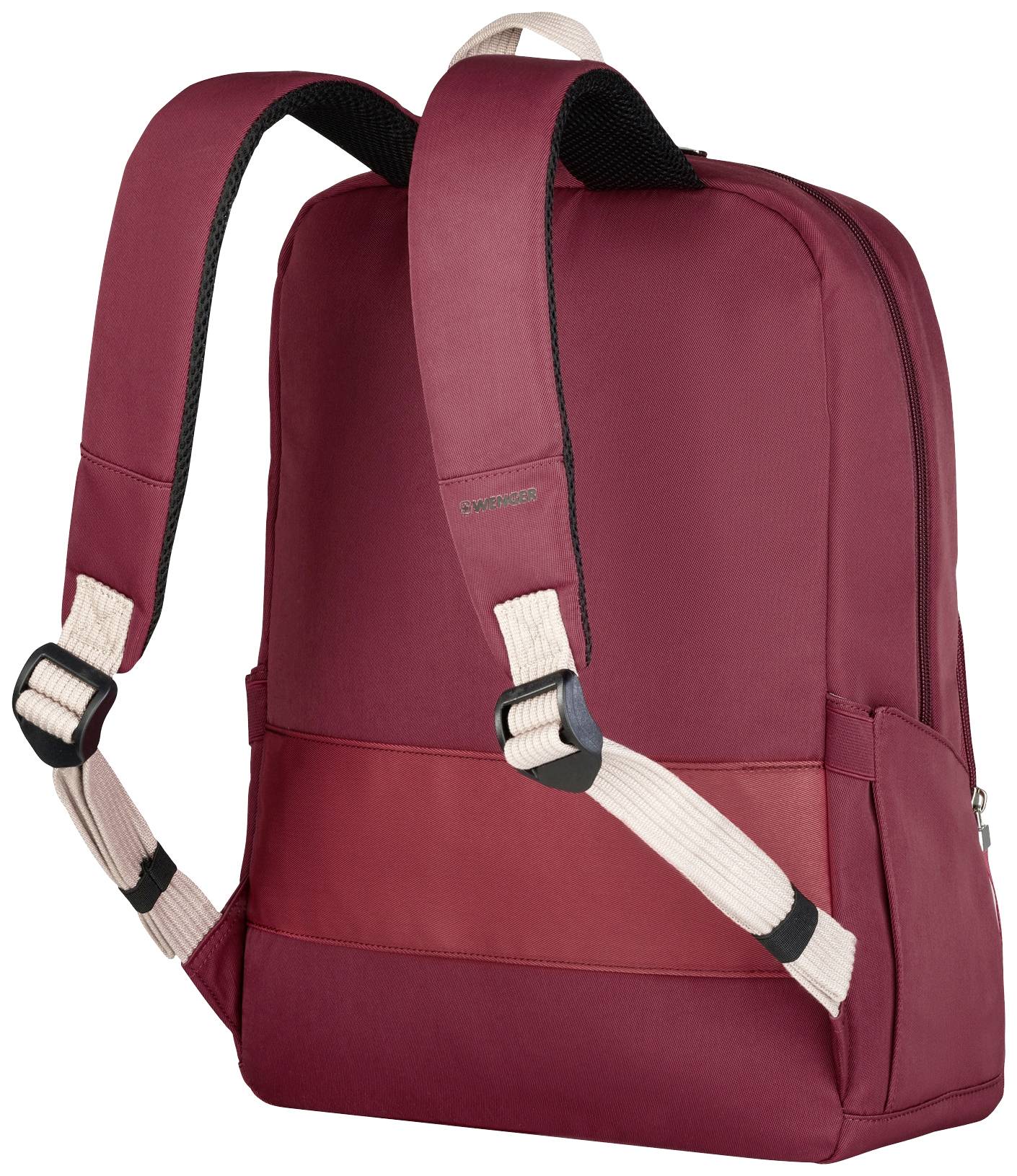 Ein roter Rucksack mit beigen Trägern und einem Reißverschluss. Der Rucksack hat ein schlichtes Design und wirkt geräumig.