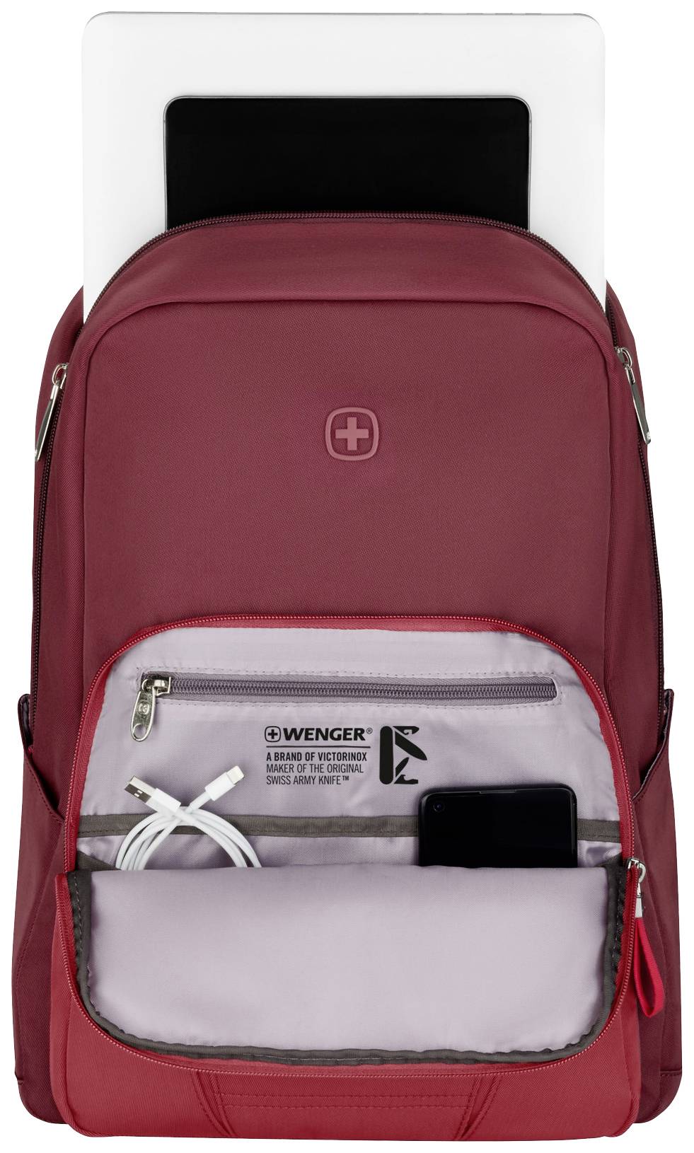 Roter Rucksack mit einer Laptoptasche und vorderem Fach. Enthält ein Ladegerät und Smartphone. Geeignet für Reisen oder Schule.