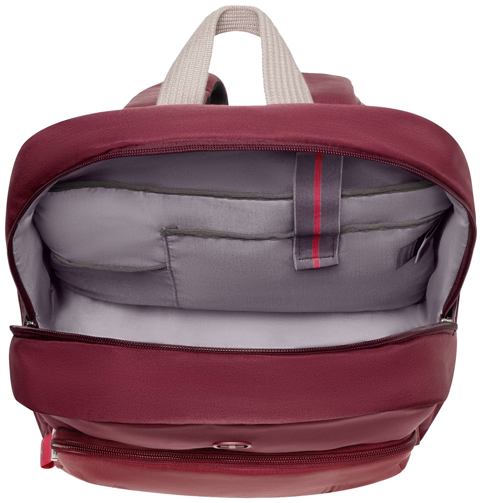 Roter Rucksack mit offenem Hauptfach und grauem Innenfutter, zeigt mehrere Taschen und ein verstellbares elastisches Band.
