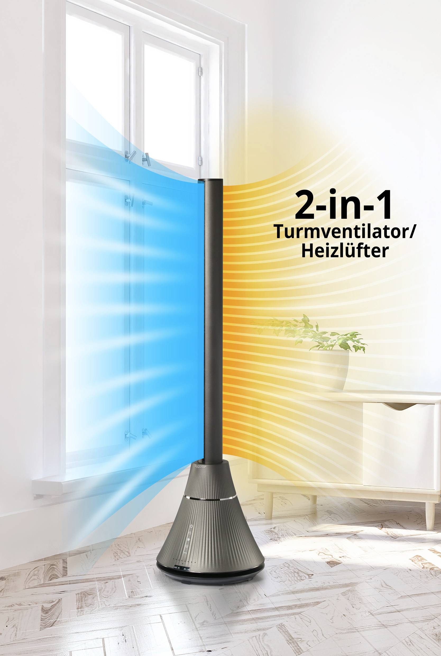 Sygonix Bodenventilator 30 W, 1800 W (Ø x H) 6 cm x 98.3 cm Schwarz mit Fernbedienung, mit Heizfunktion, LED-Kontrollleuchte, Oszillierend, Timer