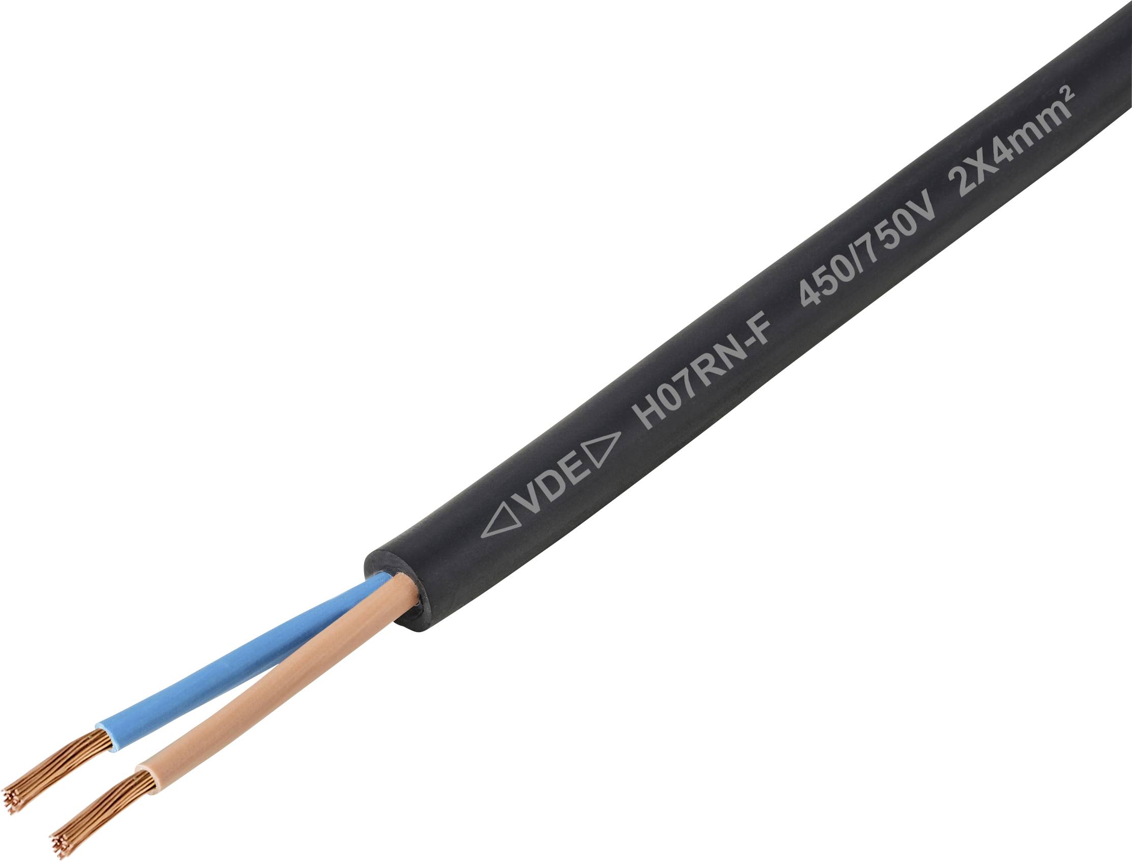 Ein schwarzes elektrisches Kabel mit der Aufschrift 'H07RN-F 450/750V 2x4mm²' mit freiliegenden blauen und braunen Leitern, die verschiedene Leitertypen kennzeichnen.