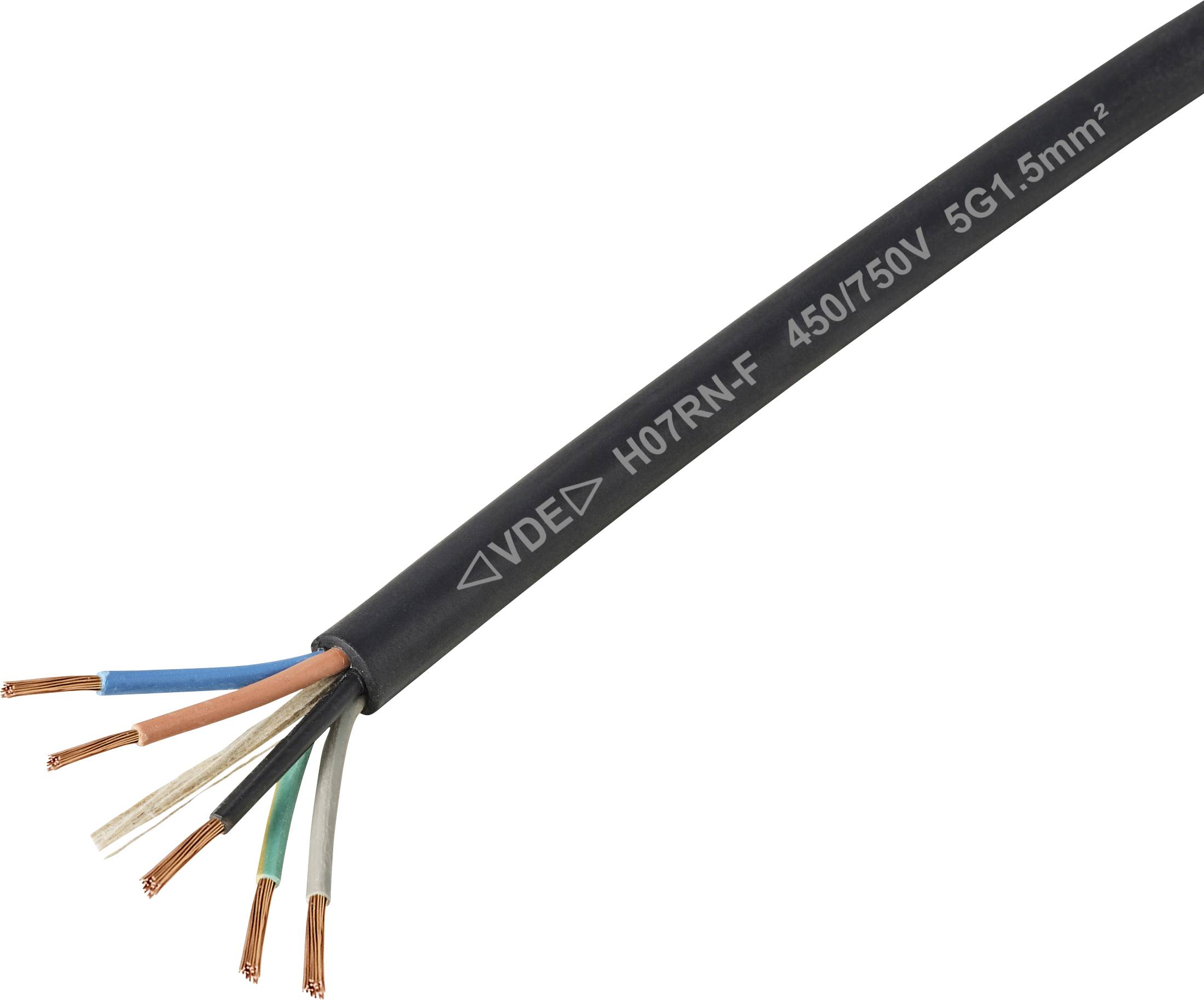 Ein schwarzes Kabel mit mehreren farbig freiliegenden Leitern: braun, blau, grün/gelb, schwarz und grau. Text lautet: VDE H07RN-F 450/750V 5G1,5mm².