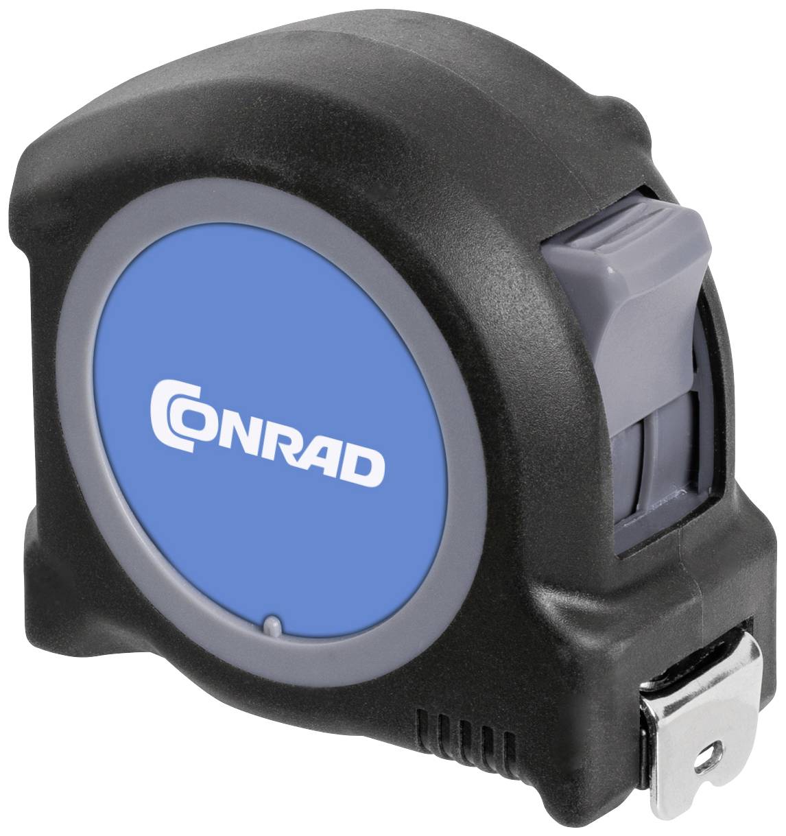 Ein schwarzes Maßband mit blauem Detail und dem Schriftzug 'CONRAD'.