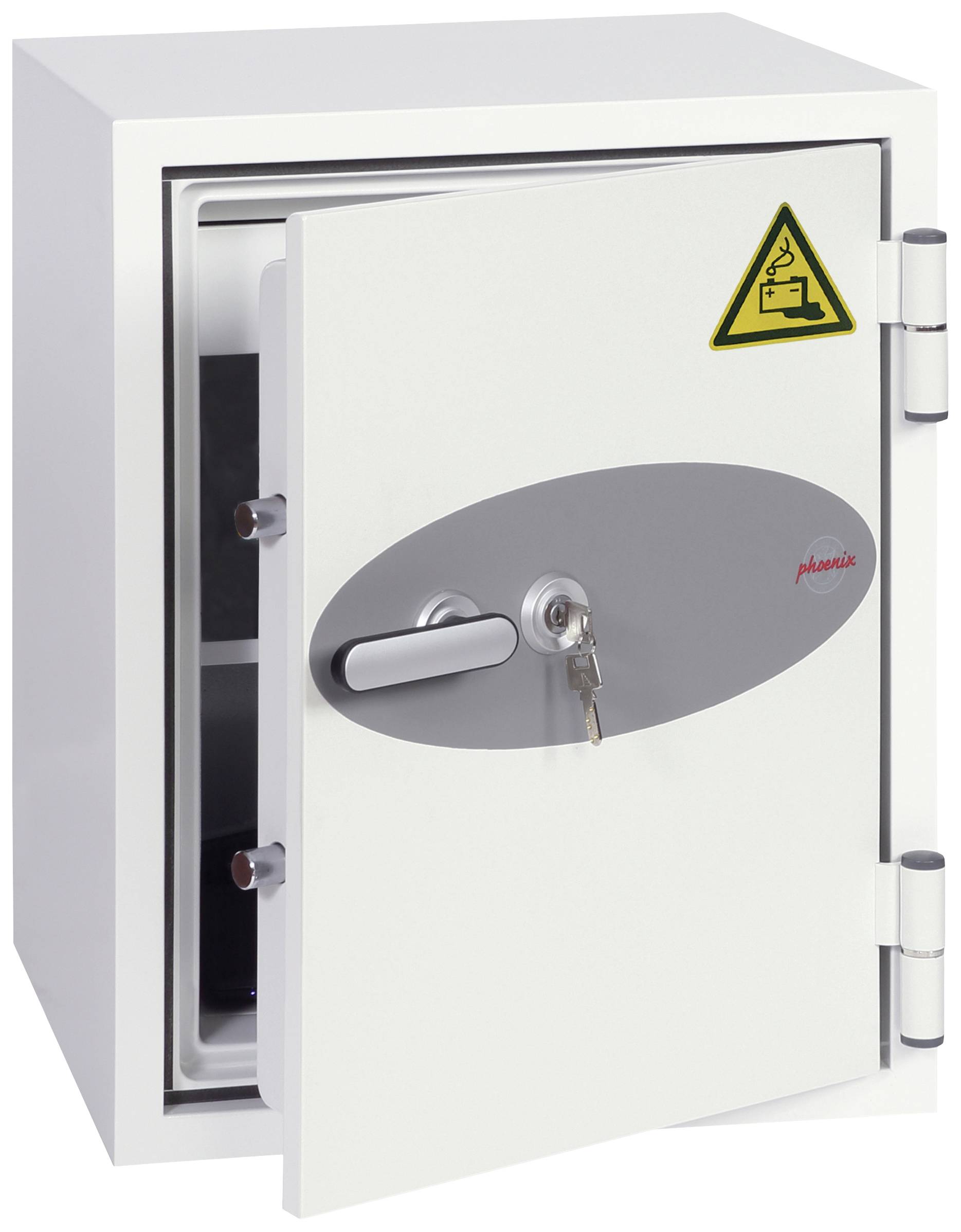 Phoenix BS0444K Battery Fighter Batterie-Aufbewahrungstresor feuergeschützt, mit 4 Steckdosen, mit ausziehbarer Schublade, mit Schlüsselhakenleiste