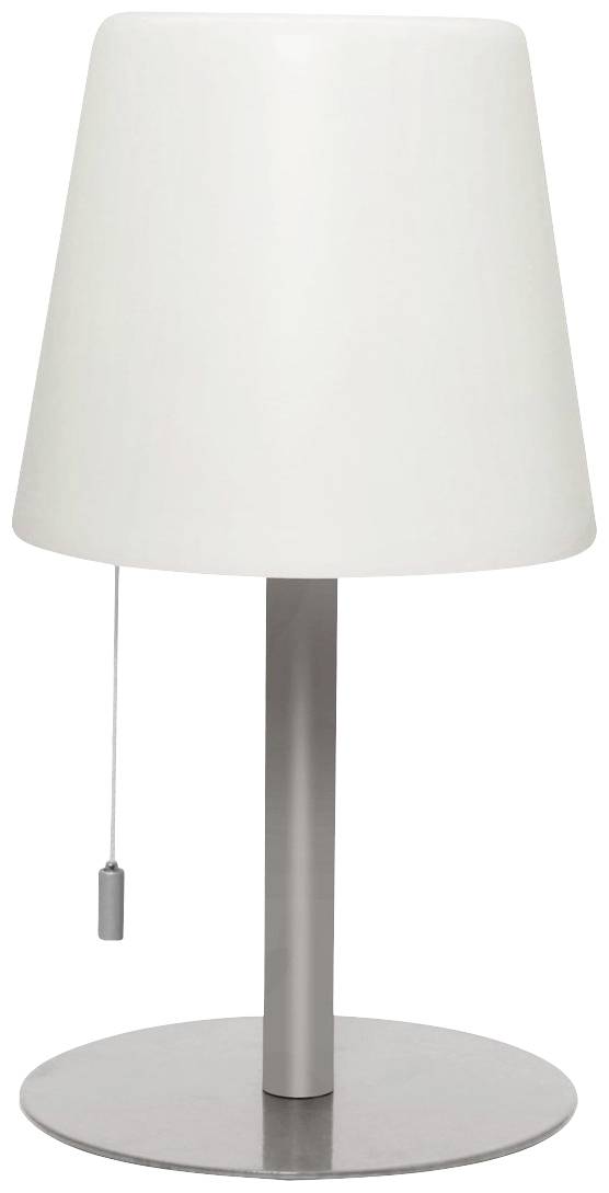 Eine weiße Tischlampe mit einem glatten, konischen Lampenschirm und einem Zugschalter an der Seite, auf einem silbernen Standfuß.