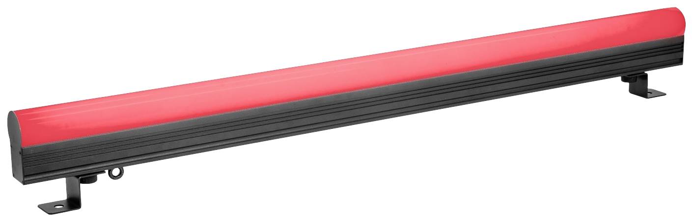 Ein langer LED-Lichtbalken mit rotem Gehäuse und schwarzem Fuß, montierbar auf verschiedenen Oberflächen.