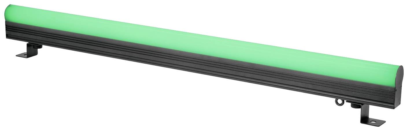 Ein langes, rechteckiges LED-Licht mit grüner Leuchtfläche, schwarzem Gehäuse und Halterungen an den Enden, verwendet für Beleuchtung.