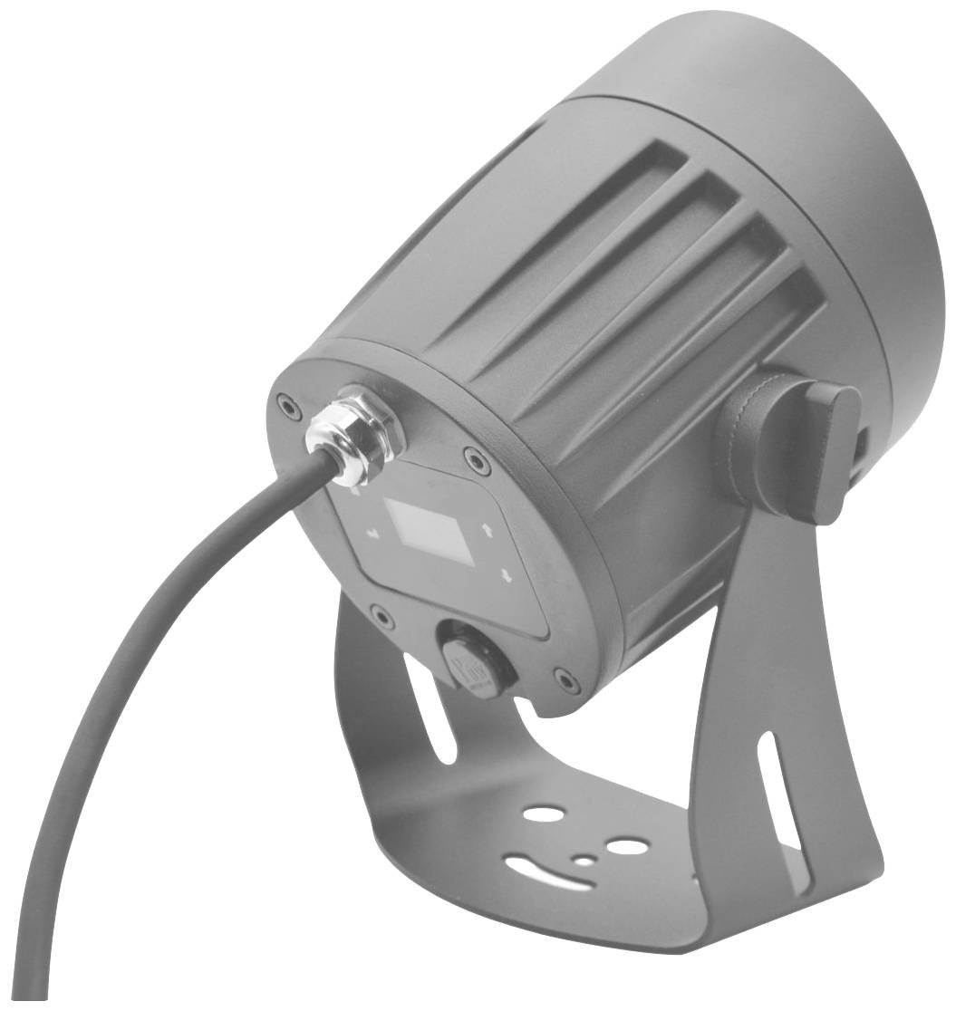 Eine graue Bühnenleuchte mit robustem Gehäuse und integriertem Kabel. Sie steht auf einem drehbaren Standfuß und hat ein digitales Display.