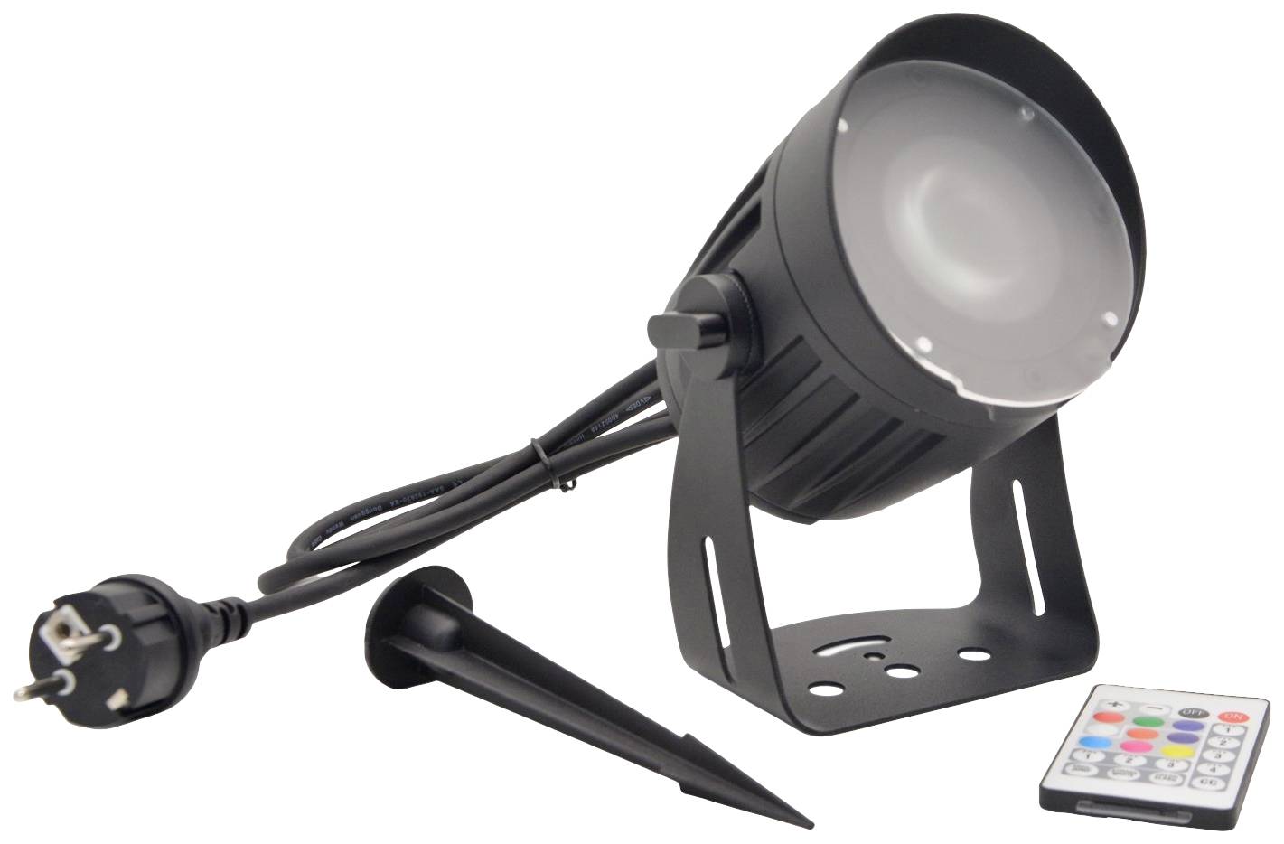 Schwarzer LED-Strahler mit Erdspieß, Kabel und Fernbedienung. Ideal für Gartenbeleuchtung. Stromstecker vorhanden.