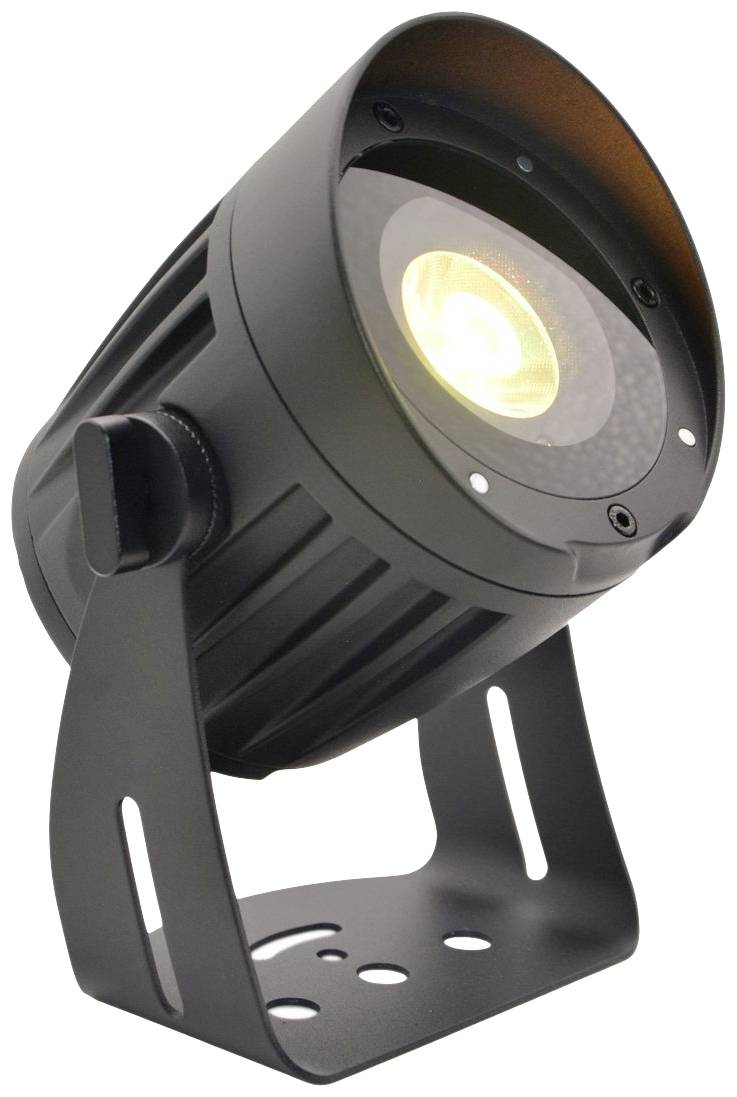 Ein schwarzer LED-Strahler mit gelbem Lichtstrahl, montiert auf einem Kippständer. Ideal zur Beleuchtung von Außenbereichen.