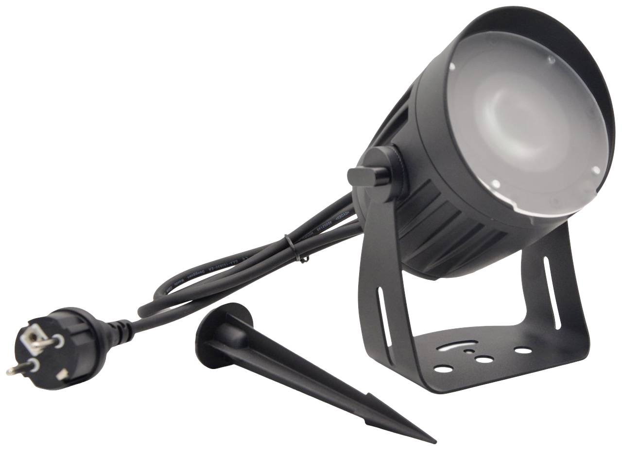Schwarzer LED-Strahler mit Standfuß und Erdspieß, geeignet für Außenbeleuchtung, verbunden mit einem Stromkabel und einem EU-Stecker.