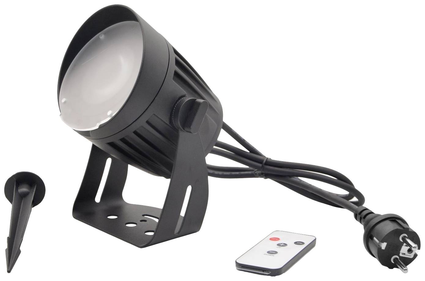 Schwarzer LED-Strahler mit Erdspieß und Fernbedienung.
