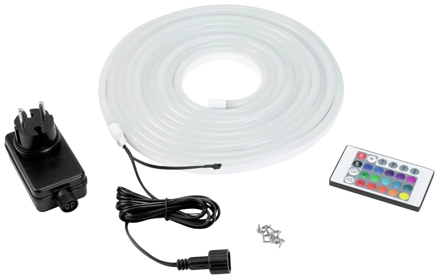 Ein LED-Lichtstreifen-Set mit Netzteil, Fernbedienung zur Farbsteuerung und kleinen Schrauben für die Befestigung.