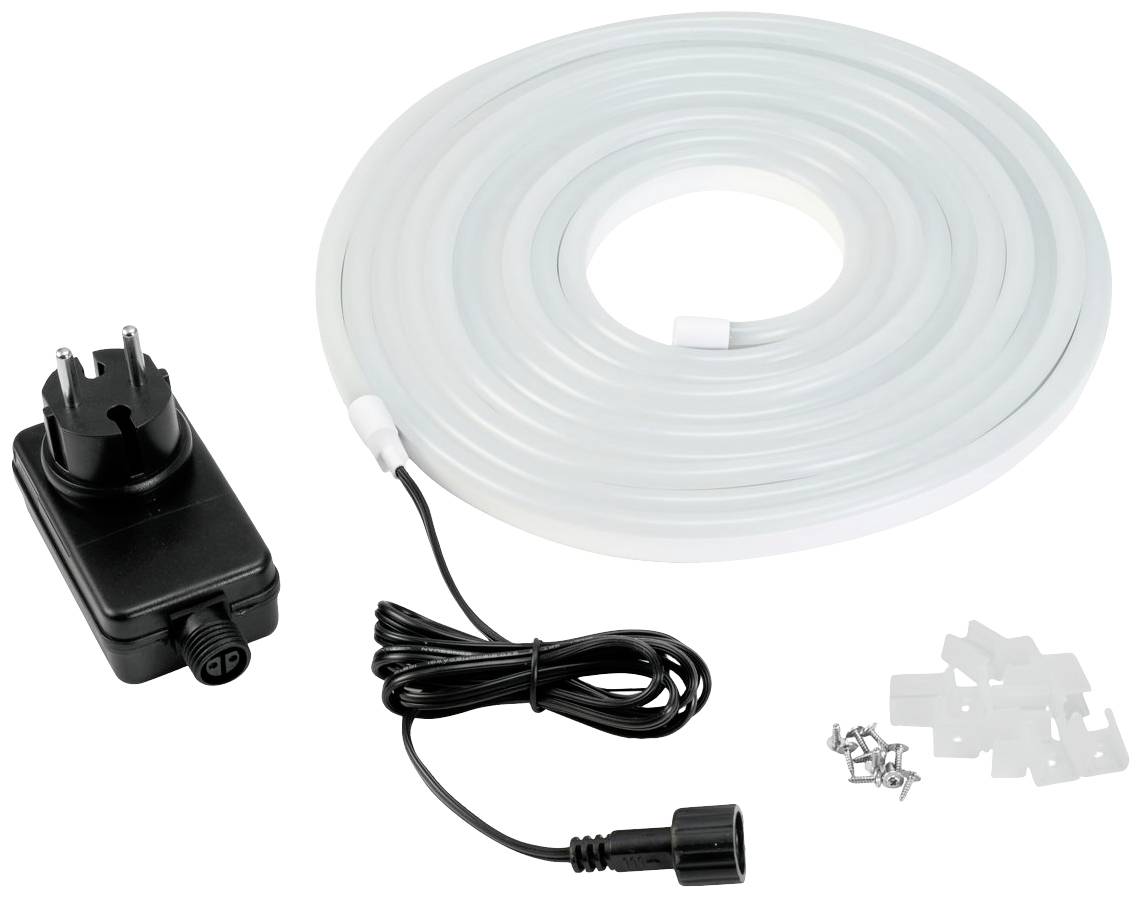 Ein LED-Lichtschlauch-Set bestehend aus einem schwarzen Netzteil, einem aufgerollten weißen Schlauch und Montagezubehör.