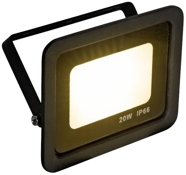 Ein rechteckiger LED-Strahler mit der Aufschrift '20W IP66', leuchtet in warmweißem Licht, geeignet für den Außenbereich.