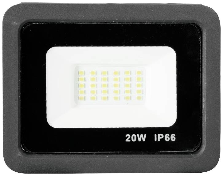 LED-Flutlicht mit 20W Leistung, IP66-Schutz, rechteckiges Design. Geeignet für robuste Außenanwendungen.