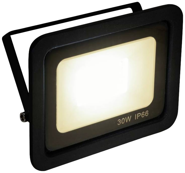 Schwarzer LED-Fluter mit weißem Licht, markiert mit '30W IP66', geeignet für Außenbeleuchtung und wetterbeständig.