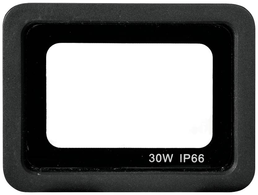 Schwarzer rechteckiger Rahmen mit weißem Innenfeld; Beschriftung am Rand: '30W IP66'.