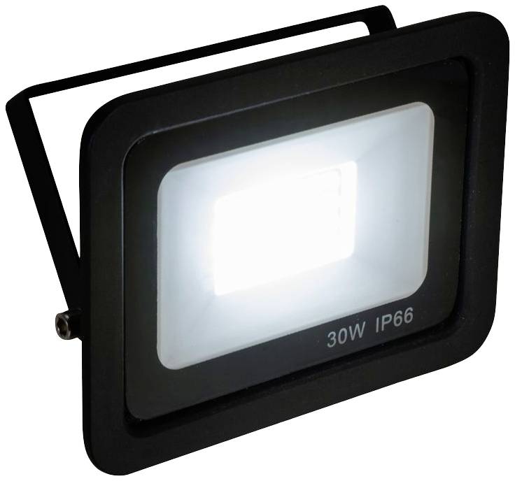 Schwarzer LED-Flutlichtstrahler, 30W, IP66, leuchtend. Geeignet für den Außenbereich.