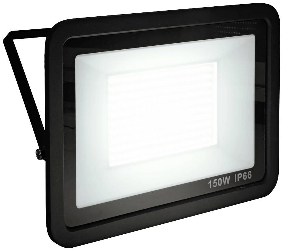 Ein rechteckiger LED-Flutlichtstrahler mit der Aufschrift '150W IP66' auf dem Rahmen, leuchtet hell auf.