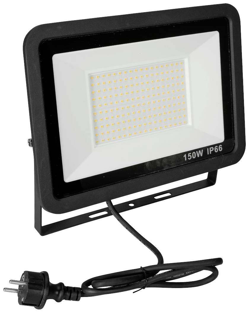 Ein LED-Flutlichtstrahler mit 150 Watt und IP66-Schutzart, zeigt ein rechteckiges Design mit einem Netzkabel und Stecker.