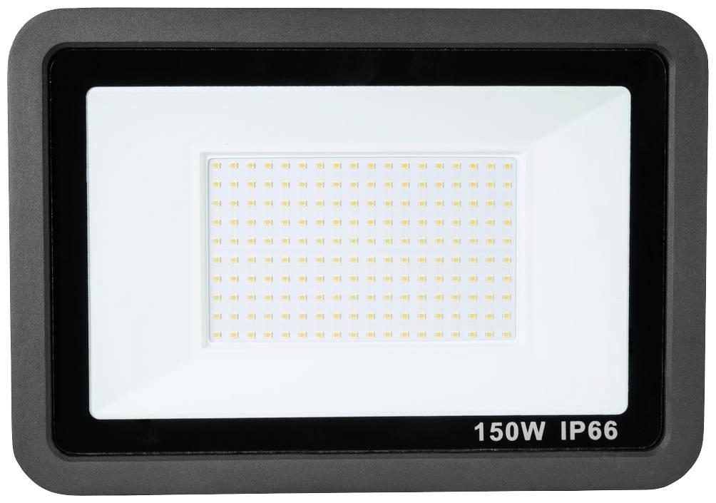 Ein rechteckiger LED-Fluter mit schwarzem Rahmen, 150W Leistung und IP66-Schutzklasse, geeignet für Außenbeleuchtung.