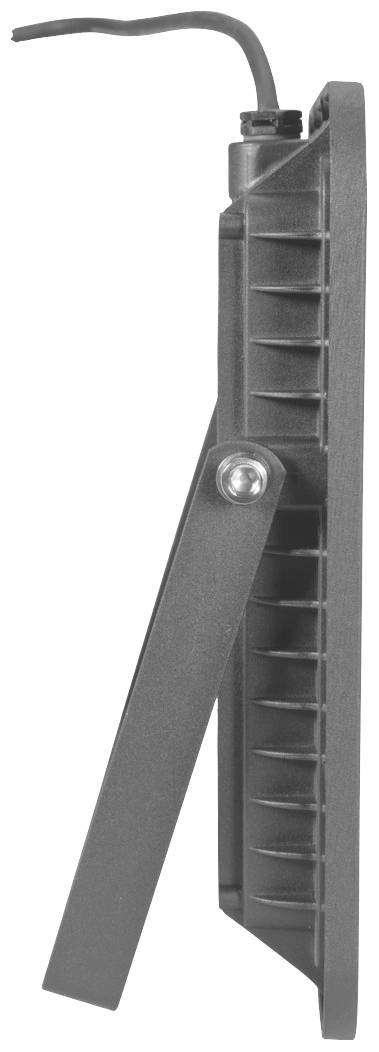 Seitliche Ansicht eines dunklen Metallständers mit einem Kabel, das von oben herausragt. Der Ständer hat Rillen an der Seite.