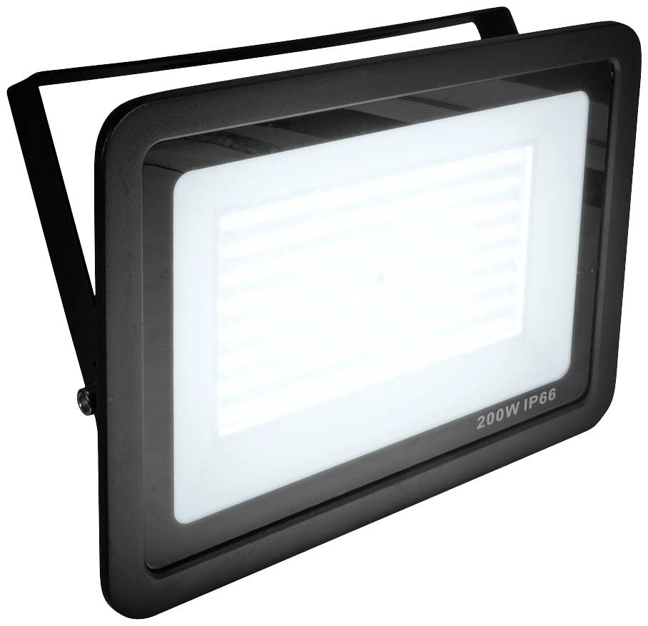Schwarzer LED-Strahler mit leuchtendem, rechteckigem Panel in der Mitte, auf einem Ständer montiert. Markierung '200W IP66' auf der Vorderseite.