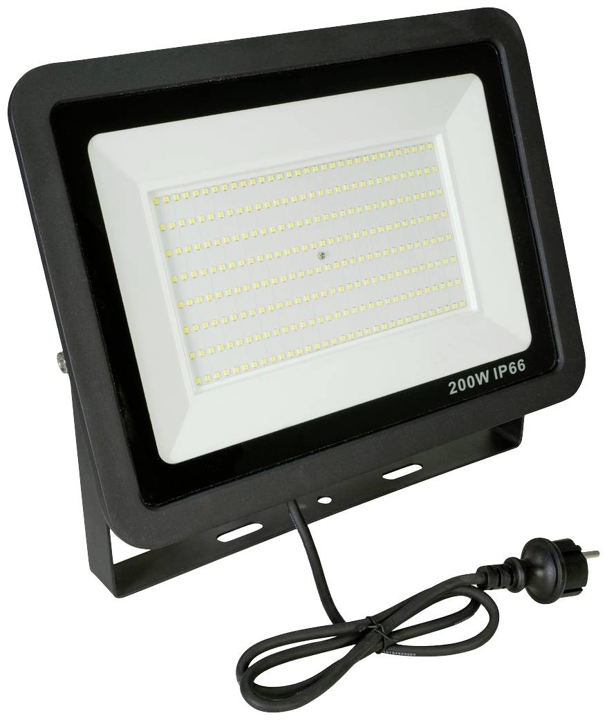 Ein rechteckiger LED-Fluter mit 200 Watt und IP66-Schutzklasse. Er steht auf einem Ständer und hat ein Netzkabel mit Stecker.