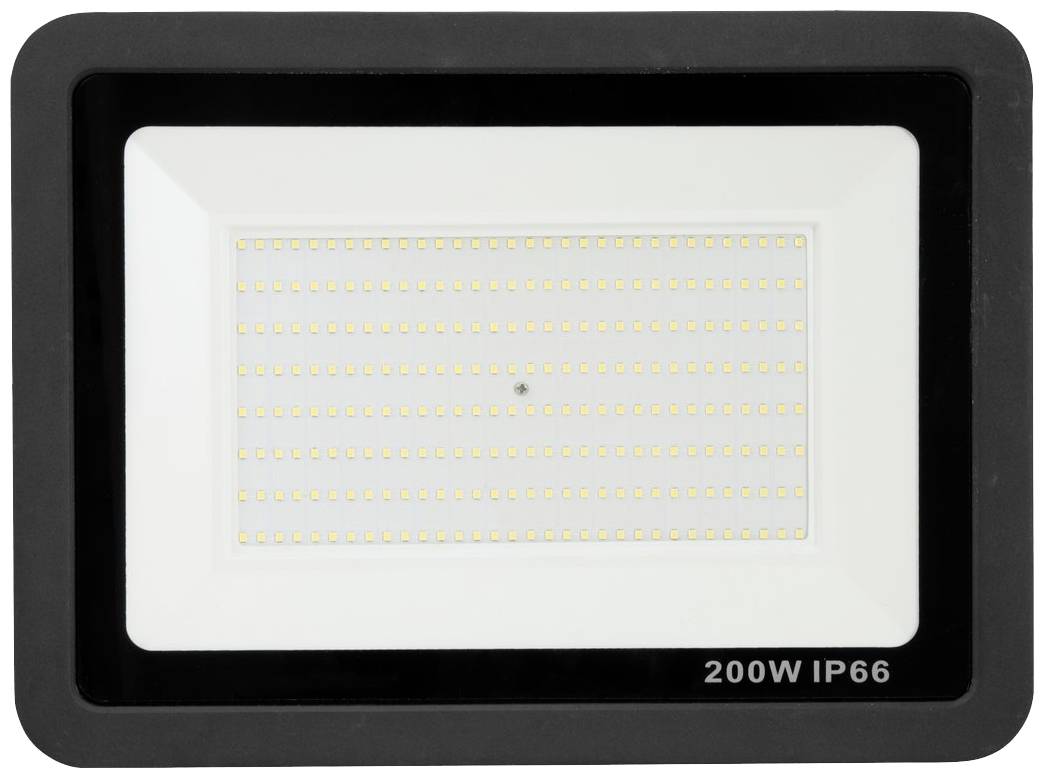 Ein rechteckiger LED-Flutlichtstrahler mit schwarzem Rand, beschriftet mit '200W IP66', zeigt zahlreiche kleine, leuchtende Dioden.