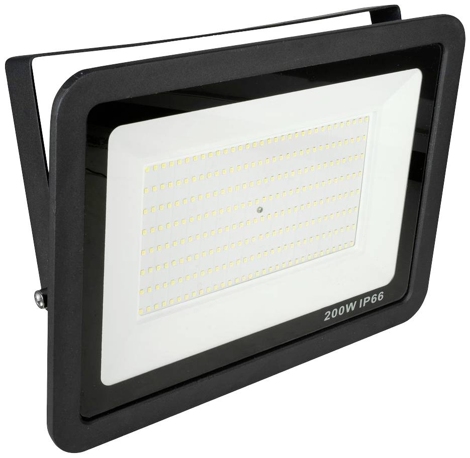 Ein schwarzer LED-Flutlichtstrahler mit 200W und IP66-Schutzklasse, geeignet für den Außenbereich.