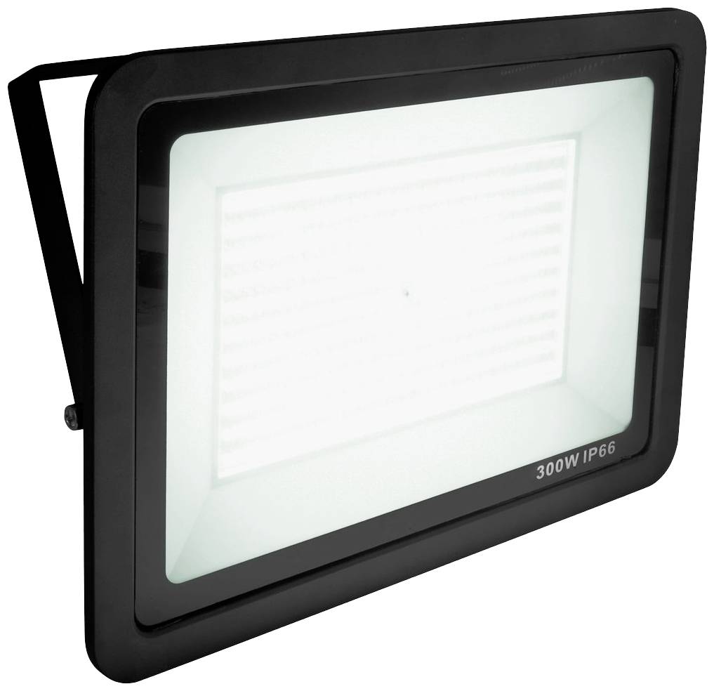 Schwarzer LED-Flutlichtstrahler mit 300W Leistung, geeignet für den Außenbereich mit Schutzart IP66, beleuchtet in hellem Weiß.