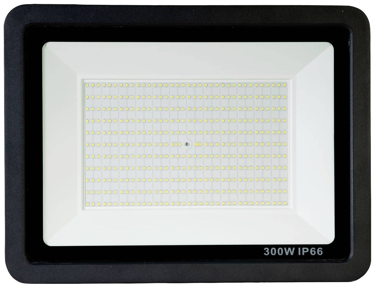 Ein rechteckiger LED-Fluter mit schwarzem Rahmen, vielen kleinen LED-Lämpchen und der Aufschrift '300W IP66' in der Ecke. Suitable for outdoor use.