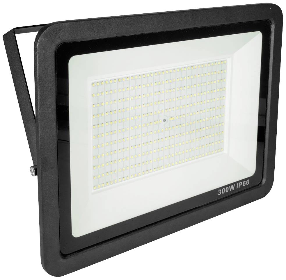LED-Flutlichtstrahler mit rechteckigem Gehäuse und 300W Leistung, geeignet für Außenbereiche dank IP66-Schutzart.