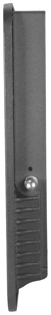 Schwarzer, rechteckiger Gegenstand in Seitenansicht mit geriffeltem Griff und kleiner Metallniete in der Mitte.