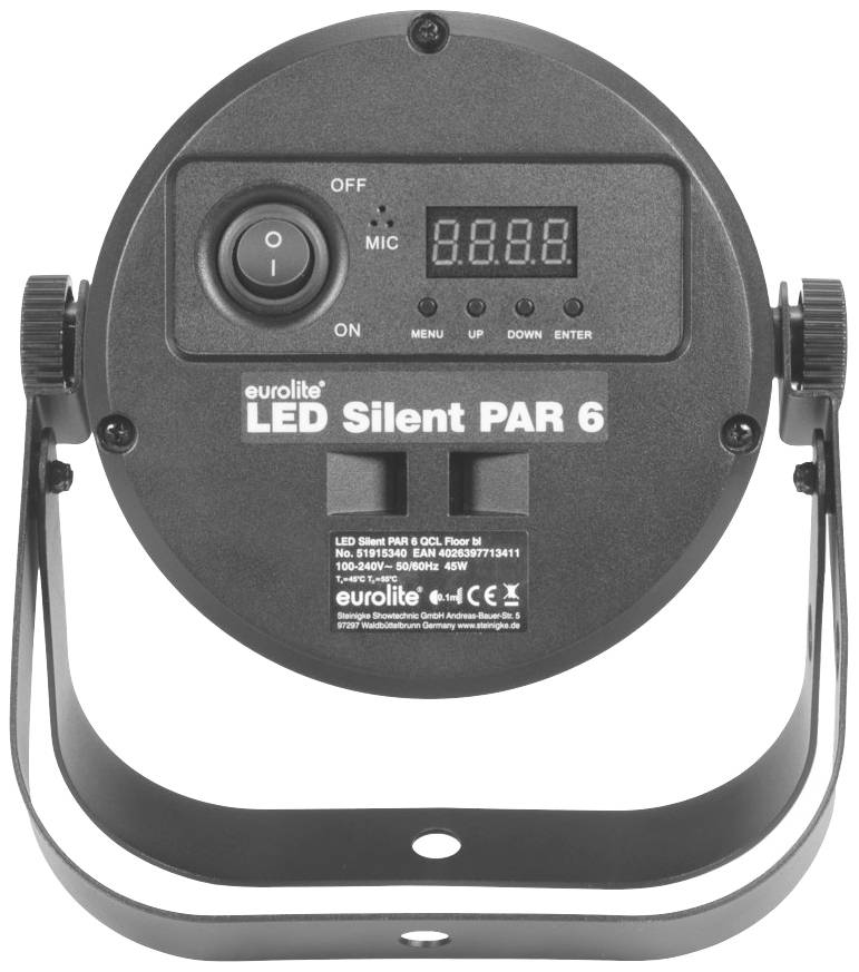 Rückansicht eines Eurolite LED Silent PAR 6 Lichts mit Bedienknöpfen und digitalem Display. Gerät zur Beleuchtung bei Veranstaltungen.