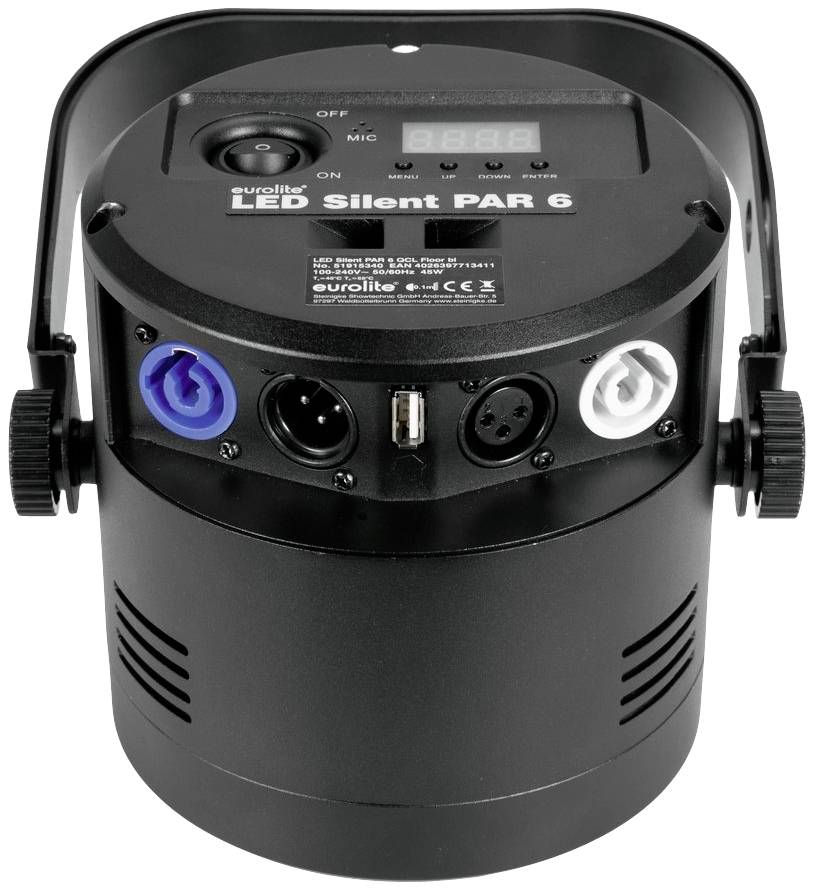 Ein LED Scheinwerfer 'Eurolite LED Silent PAR 6' mit DMX-Anschlüssen und einem Bedienfeld zur Steuerung von Lichteffekten.