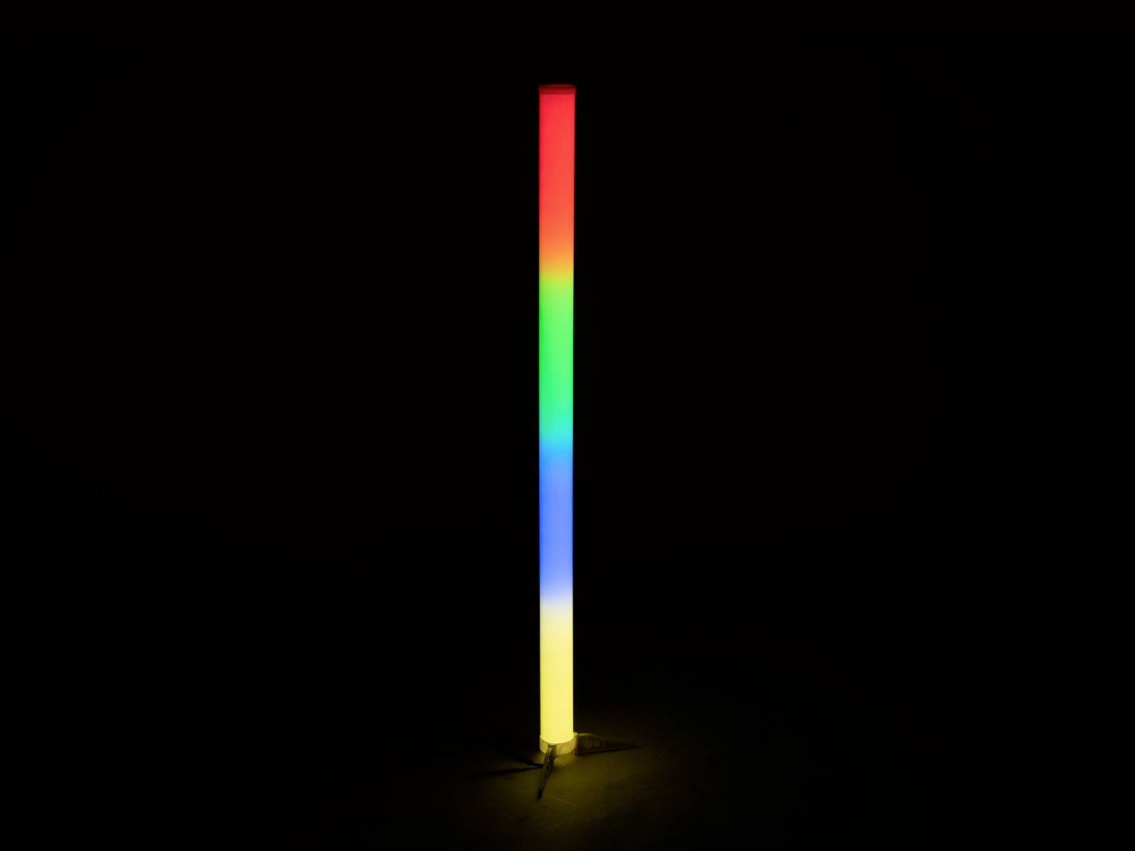 Ein leuchtender, vertikaler Stab zeigt den Farbverlauf eines Regenbogens von Rot oben bis Blau unten vor einem dunklen Hintergrund.